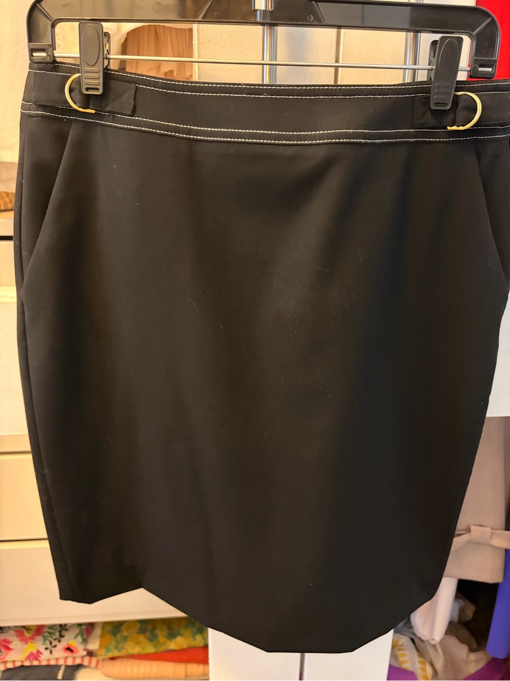 Calvin Klein Black Pencil Skirt with Stitching Accent and Gold Ring Detail